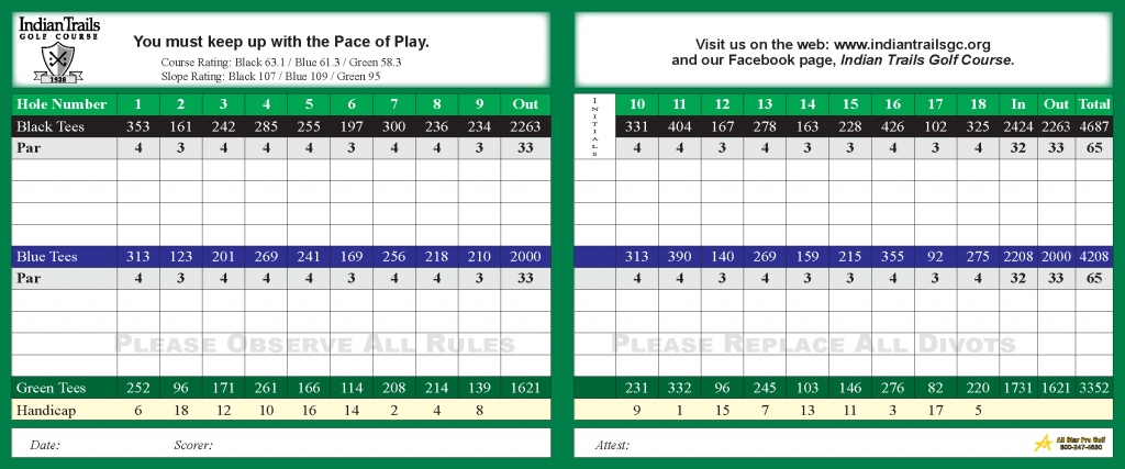 Scorecard Indian Trails Golf Course Scorecard Indian Trails Golf Course